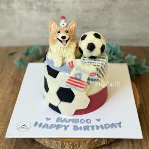 Custom 2-tier soccer themed cake with corgi figurine