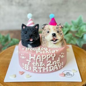 Black cat and merle brown dog 3D topper cake with party hats